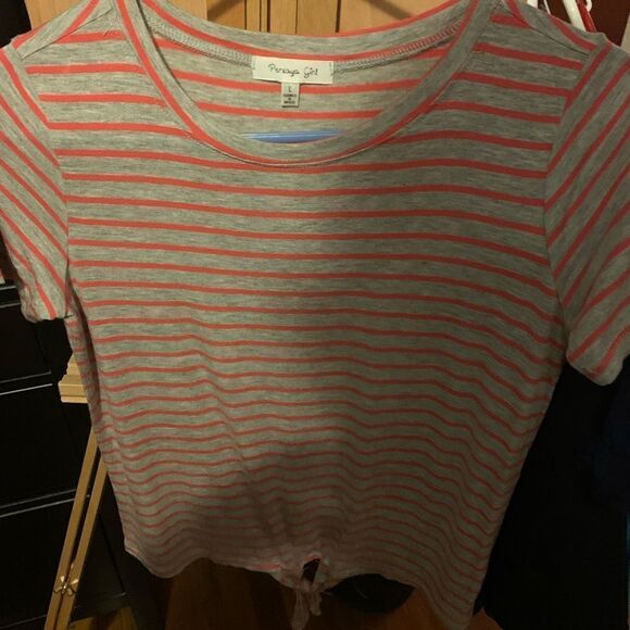 Coral and Grey Striped T - Shirt Girls - Size L - Picture 4 of 4